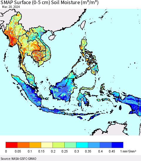 South East Asia SMAP Surface (0-5 cm) Soil Moisture (m³/m³) Thematic Map For 3/16/2024 - 3/20/2024