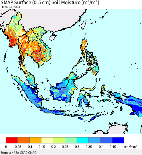 South East Asia SMAP Surface (0-5 cm) Soil Moisture (m³/m³) Thematic Map For 3/21/2024 - 3/25/2024