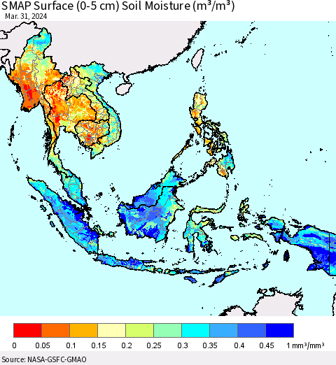 South East Asia SMAP Surface (0-5 cm) Soil Moisture (m³/m³) Thematic Map For 3/26/2024 - 3/31/2024
