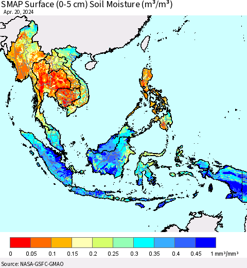 South East Asia SMAP Surface (0-5 cm) Soil Moisture (m³/m³) Thematic Map For 4/16/2024 - 4/20/2024