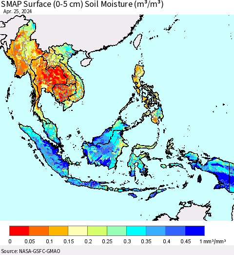 South East Asia SMAP Surface (0-5 cm) Soil Moisture (m³/m³) Thematic Map For 4/21/2024 - 4/25/2024