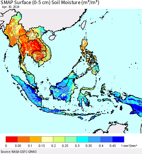 South East Asia SMAP Surface (0-5 cm) Soil Moisture (m³/m³) Thematic Map For 4/26/2024 - 4/30/2024
