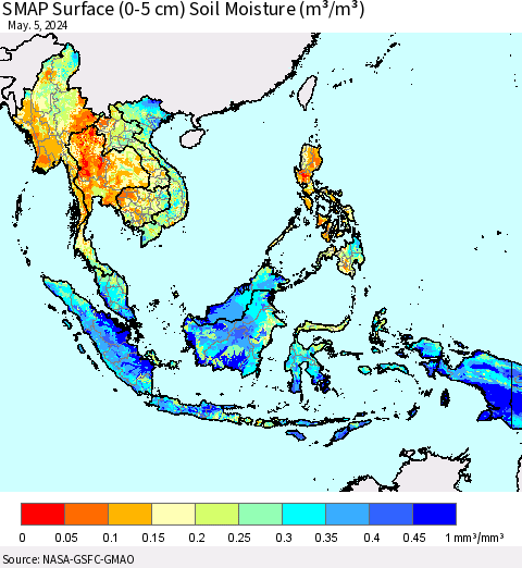 South East Asia SMAP Surface (0-5 cm) Soil Moisture (m³/m³) Thematic Map For 5/1/2024 - 5/5/2024