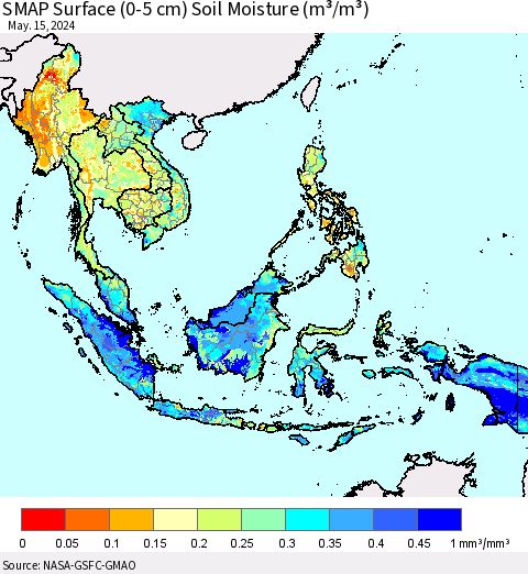 South East Asia SMAP Surface (0-5 cm) Soil Moisture (m³/m³) Thematic Map For 5/11/2024 - 5/15/2024