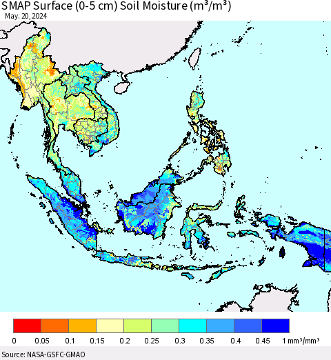 South East Asia SMAP Surface (0-5 cm) Soil Moisture (m³/m³) Thematic Map For 5/16/2024 - 5/20/2024