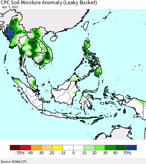South East Asia CPC Soil Moisture Anomaly (Leaky Bucket) Thematic Map For 4/1/2021 - 4/5/2021