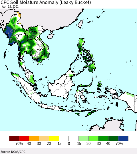 South East Asia CPC Soil Moisture Anomaly (Leaky Bucket) Thematic Map For 4/11/2021 - 4/15/2021