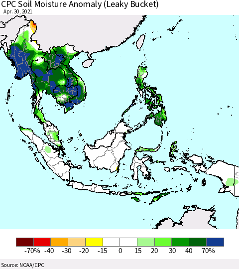 South East Asia CPC Soil Moisture Anomaly (Leaky Bucket) Thematic Map For 4/26/2021 - 4/30/2021