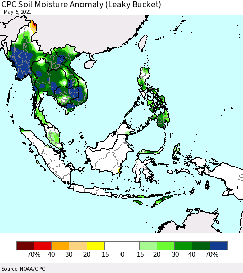 South East Asia CPC Soil Moisture Anomaly (Leaky Bucket) Thematic Map For 5/1/2021 - 5/5/2021