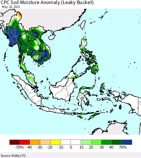 South East Asia CPC Soil Moisture Anomaly (Leaky Bucket) Thematic Map For 5/6/2021 - 5/10/2021