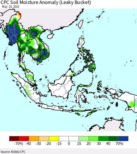 South East Asia CPC Soil Moisture Anomaly (Leaky Bucket) Thematic Map For 5/11/2021 - 5/15/2021