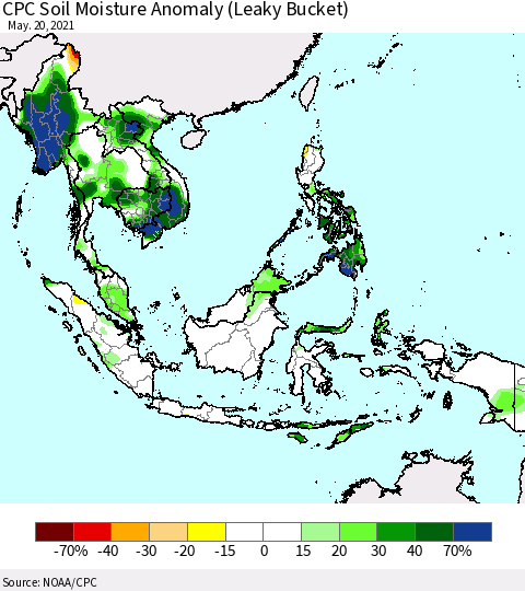 South East Asia CPC Soil Moisture Anomaly (Leaky Bucket) Thematic Map For 5/16/2021 - 5/20/2021