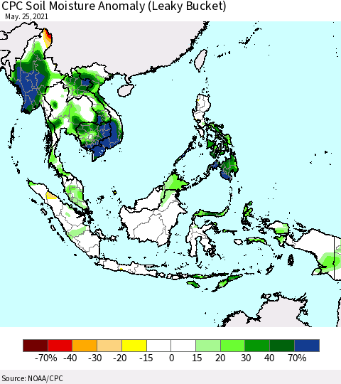 South East Asia CPC Soil Moisture Anomaly (Leaky Bucket) Thematic Map For 5/21/2021 - 5/25/2021