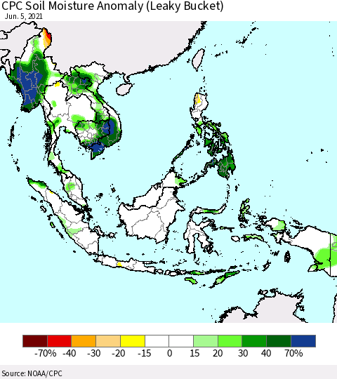 South East Asia CPC Soil Moisture Anomaly (Leaky Bucket) Thematic Map For 6/1/2021 - 6/5/2021