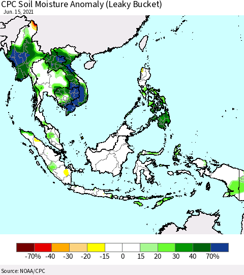 South East Asia CPC Soil Moisture Anomaly (Leaky Bucket) Thematic Map For 6/11/2021 - 6/15/2021