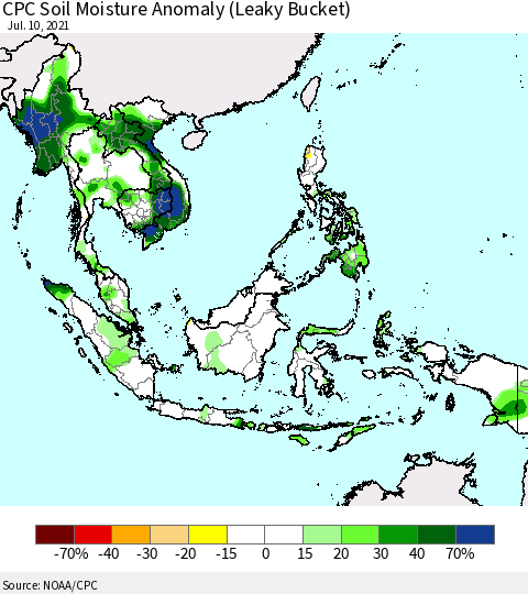 South East Asia CPC Soil Moisture Anomaly (Leaky Bucket) Thematic Map For 7/6/2021 - 7/10/2021