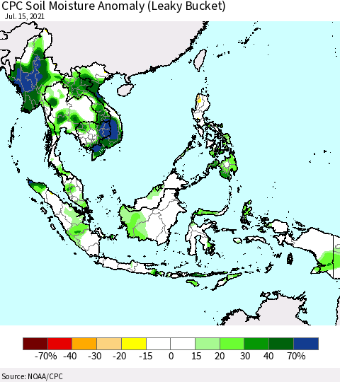 South East Asia CPC Soil Moisture Anomaly (Leaky Bucket) Thematic Map For 7/11/2021 - 7/15/2021