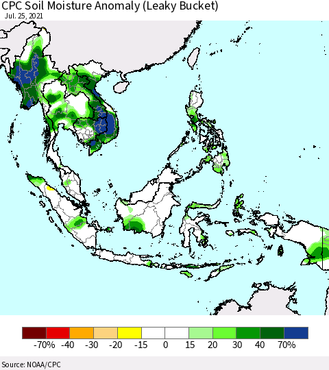South East Asia CPC Soil Moisture Anomaly (Leaky Bucket) Thematic Map For 7/21/2021 - 7/25/2021