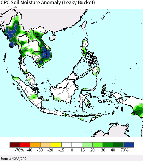 South East Asia CPC Soil Moisture Anomaly (Leaky Bucket) Thematic Map For 7/26/2021 - 7/31/2021