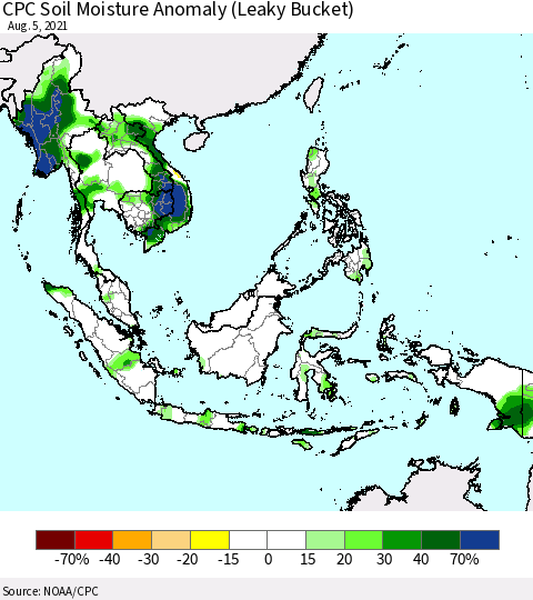 South East Asia CPC Soil Moisture Anomaly (Leaky Bucket) Thematic Map For 8/1/2021 - 8/5/2021