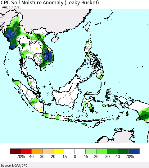 South East Asia CPC Soil Moisture Anomaly (Leaky Bucket) Thematic Map For 8/6/2021 - 8/10/2021
