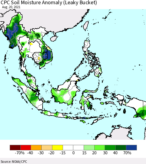 South East Asia CPC Soil Moisture Anomaly (Leaky Bucket) Thematic Map For 8/16/2021 - 8/20/2021