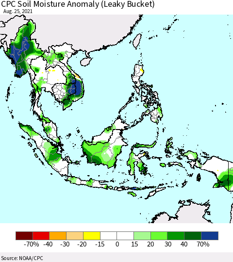South East Asia CPC Soil Moisture Anomaly (Leaky Bucket) Thematic Map For 8/21/2021 - 8/25/2021
