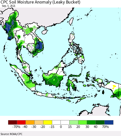 South East Asia CPC Soil Moisture Anomaly (Leaky Bucket) Thematic Map For 9/1/2021 - 9/5/2021