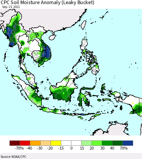 South East Asia CPC Soil Moisture Anomaly (Leaky Bucket) Thematic Map For 9/11/2021 - 9/15/2021