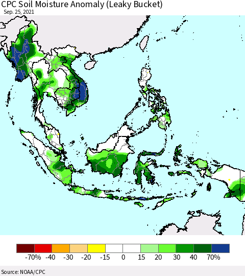 South East Asia CPC Soil Moisture Anomaly (Leaky Bucket) Thematic Map For 9/21/2021 - 9/25/2021
