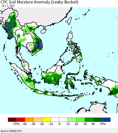 South East Asia CPC Soil Moisture Anomaly (Leaky Bucket) Thematic Map For 10/1/2021 - 10/5/2021