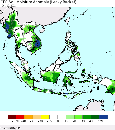 South East Asia CPC Soil Moisture Anomaly (Leaky Bucket) Thematic Map For 10/6/2021 - 10/10/2021