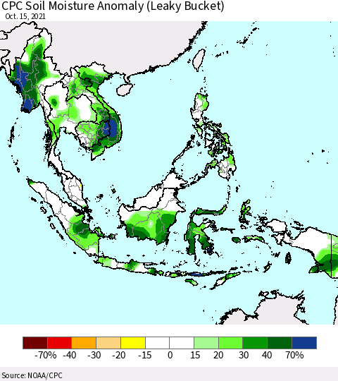 South East Asia CPC Soil Moisture Anomaly (Leaky Bucket) Thematic Map For 10/11/2021 - 10/15/2021