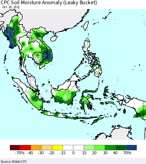 South East Asia CPC Soil Moisture Anomaly (Leaky Bucket) Thematic Map For 10/16/2021 - 10/20/2021
