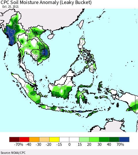 South East Asia CPC Soil Moisture Anomaly (Leaky Bucket) Thematic Map For 10/21/2021 - 10/25/2021