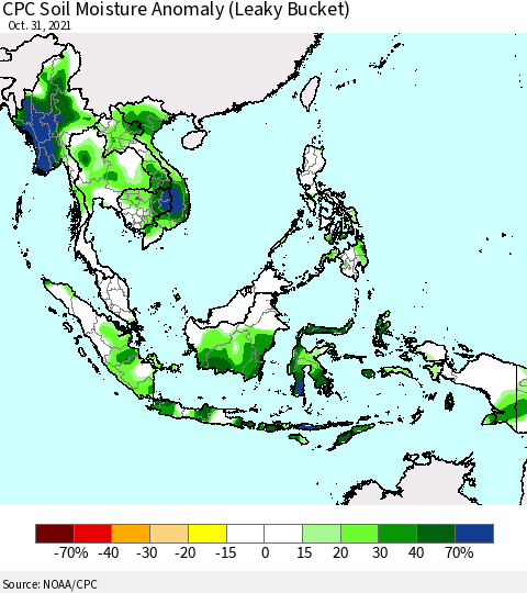 South East Asia CPC Soil Moisture Anomaly (Leaky Bucket) Thematic Map For 10/26/2021 - 10/31/2021