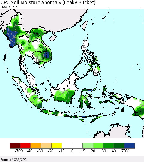 South East Asia CPC Soil Moisture Anomaly (Leaky Bucket) Thematic Map For 11/1/2021 - 11/5/2021