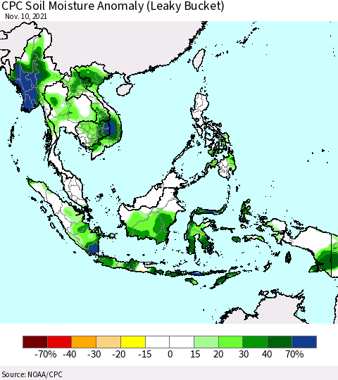 South East Asia CPC Soil Moisture Anomaly (Leaky Bucket) Thematic Map For 11/6/2021 - 11/10/2021