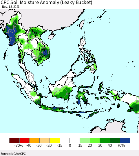 South East Asia CPC Soil Moisture Anomaly (Leaky Bucket) Thematic Map For 11/11/2021 - 11/15/2021