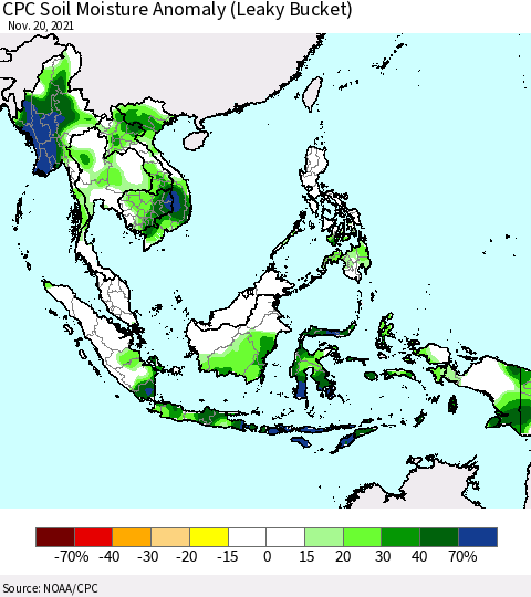 South East Asia CPC Soil Moisture Anomaly (Leaky Bucket) Thematic Map For 11/16/2021 - 11/20/2021