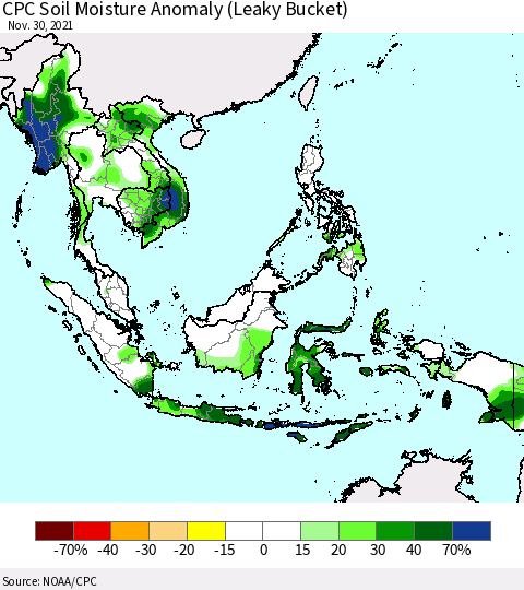 South East Asia CPC Soil Moisture Anomaly (Leaky Bucket) Thematic Map For 11/26/2021 - 11/30/2021