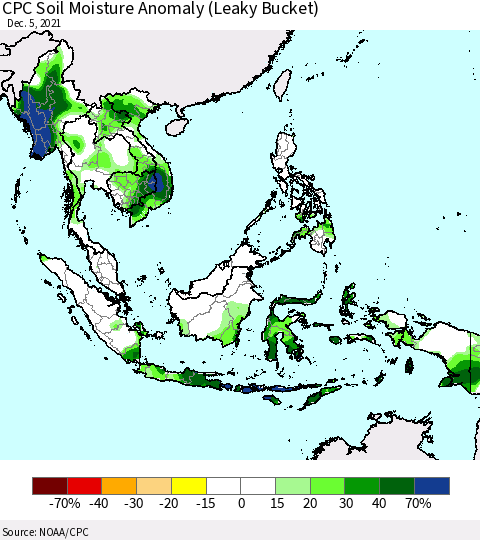South East Asia CPC Soil Moisture Anomaly (Leaky Bucket) Thematic Map For 12/1/2021 - 12/5/2021