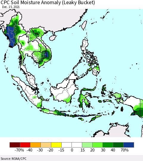 South East Asia CPC Soil Moisture Anomaly (Leaky Bucket) Thematic Map For 12/11/2021 - 12/15/2021
