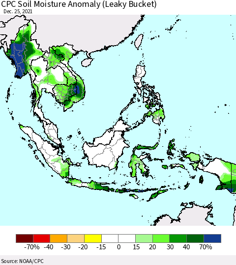 South East Asia CPC Soil Moisture Anomaly (Leaky Bucket) Thematic Map For 12/21/2021 - 12/25/2021