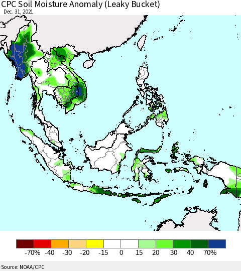 South East Asia CPC Soil Moisture Anomaly (Leaky Bucket) Thematic Map For 12/26/2021 - 12/31/2021