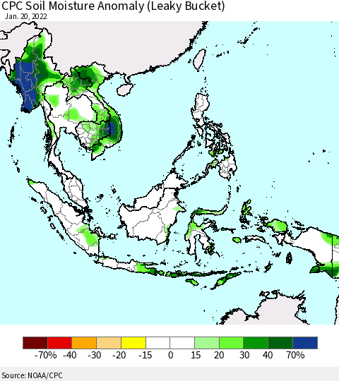 South East Asia CPC Soil Moisture Anomaly (Leaky Bucket) Thematic Map For 1/16/2022 - 1/20/2022