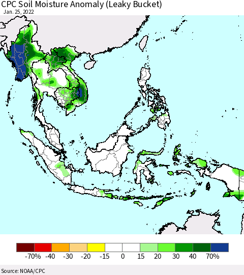 South East Asia CPC Soil Moisture Anomaly (Leaky Bucket) Thematic Map For 1/21/2022 - 1/25/2022