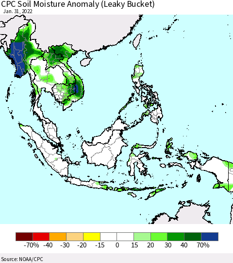 South East Asia CPC Soil Moisture Anomaly (Leaky Bucket) Thematic Map For 1/26/2022 - 1/31/2022