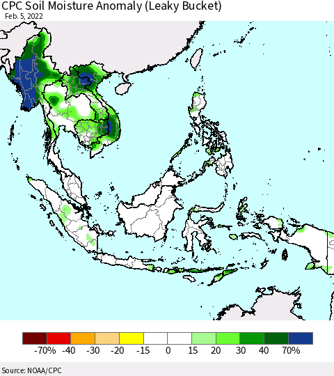 South East Asia CPC Soil Moisture Anomaly (Leaky Bucket) Thematic Map For 2/1/2022 - 2/5/2022