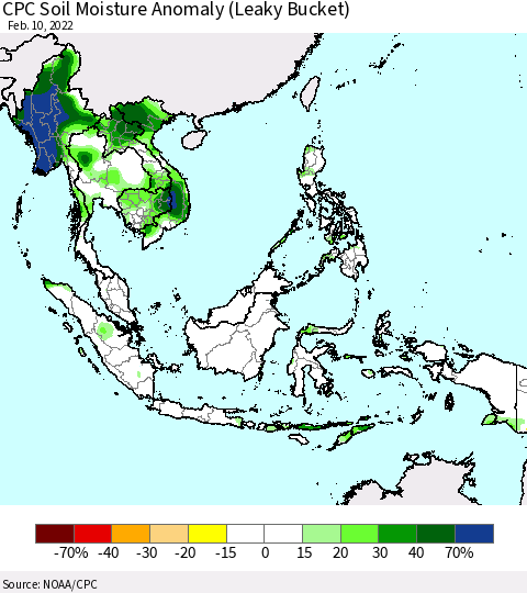 South East Asia CPC Soil Moisture Anomaly (Leaky Bucket) Thematic Map For 2/6/2022 - 2/10/2022